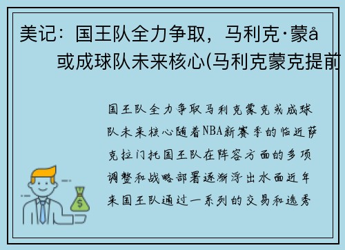 美记：国王队全力争取，马利克·蒙克或成球队未来核心(马利克蒙克提前进场)