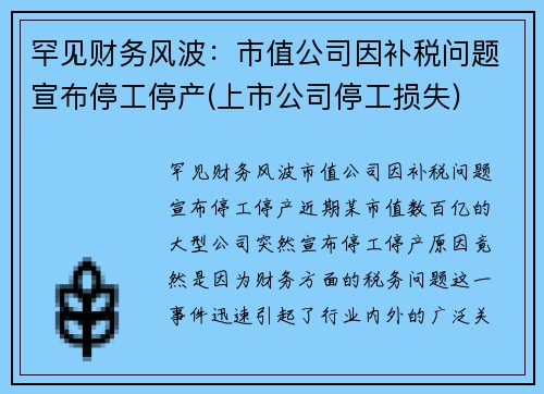 罕见财务风波：市值公司因补税问题宣布停工停产(上市公司停工损失)