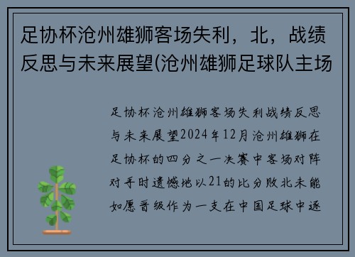 足协杯沧州雄狮客场失利，北，战绩反思与未来展望(沧州雄狮足球队主场)
