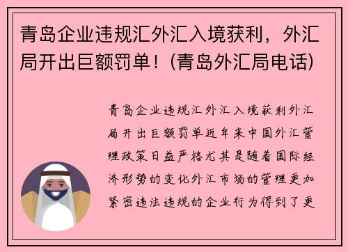 青岛企业违规汇外汇入境获利，外汇局开出巨额罚单！(青岛外汇局电话)