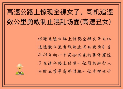 高速公路上惊现全裸女子，司机追逐数公里勇敢制止混乱场面(高速丑女)