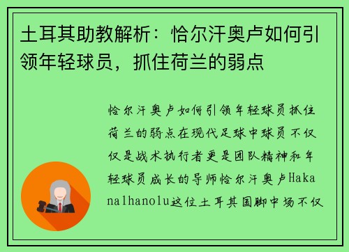 土耳其助教解析：恰尔汗奥卢如何引领年轻球员，抓住荷兰的弱点