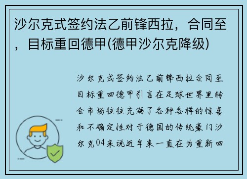 沙尔克式签约法乙前锋西拉，合同至，目标重回德甲(德甲沙尔克降级)