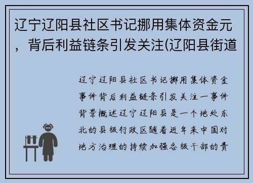 辽宁辽阳县社区书记挪用集体资金元，背后利益链条引发关注(辽阳县街道)